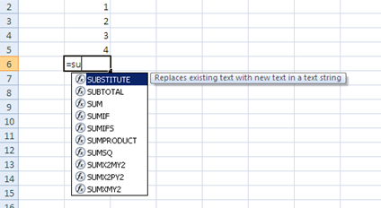 Formula Autocomplete Excel 2010